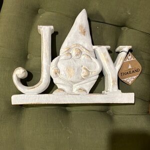 Rustic White Joy Gnome holiday Christmas decor JOY